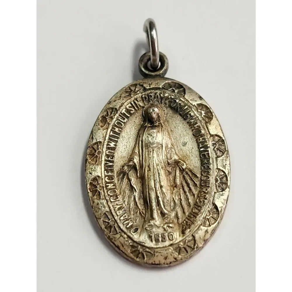 Sterling Silver Miraculous Medal Pendant - Religious Charm 925 Vintage